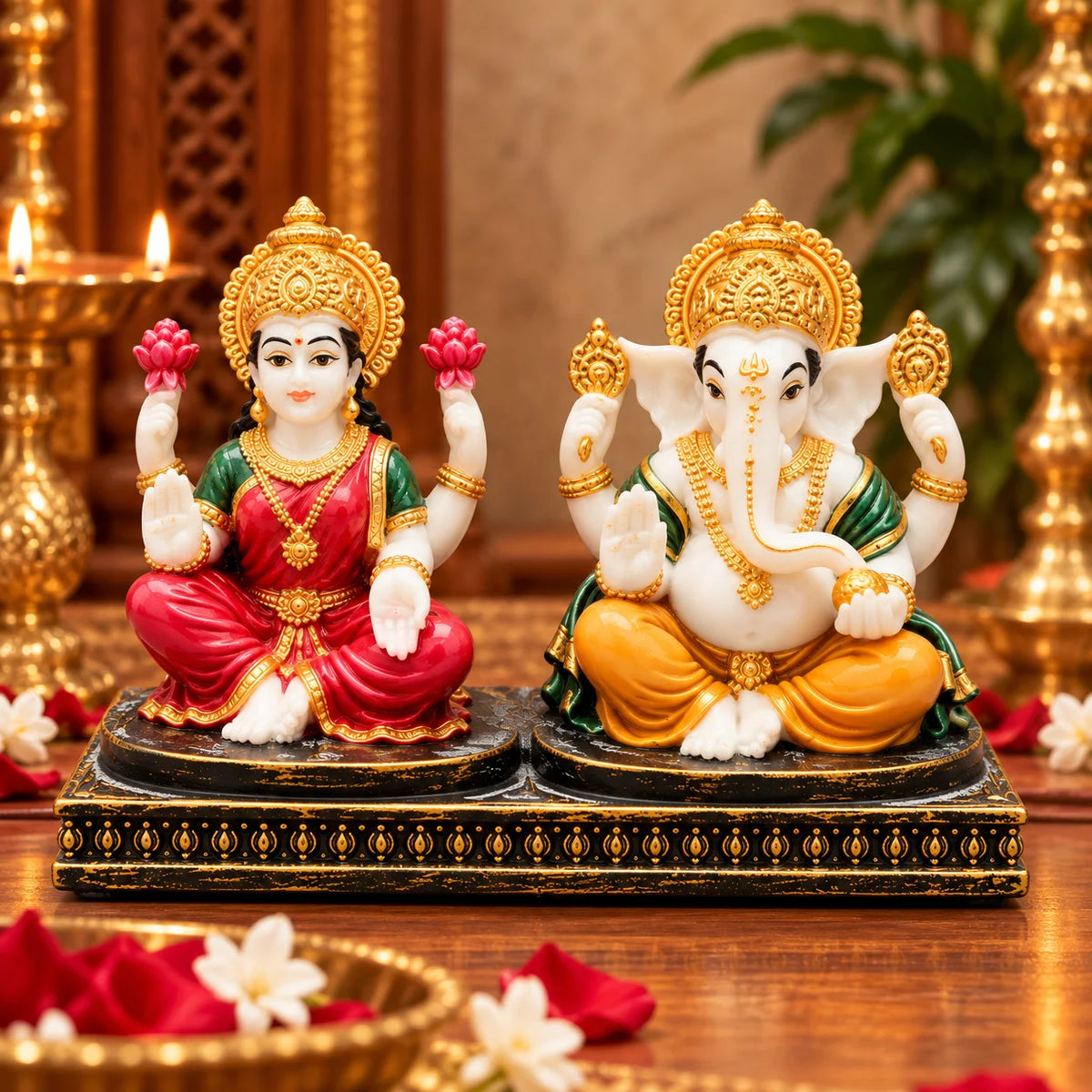 Lakshmi Ganesha Statue with Lotus | Goddess Lakshmi & Lord Ganesha Idol