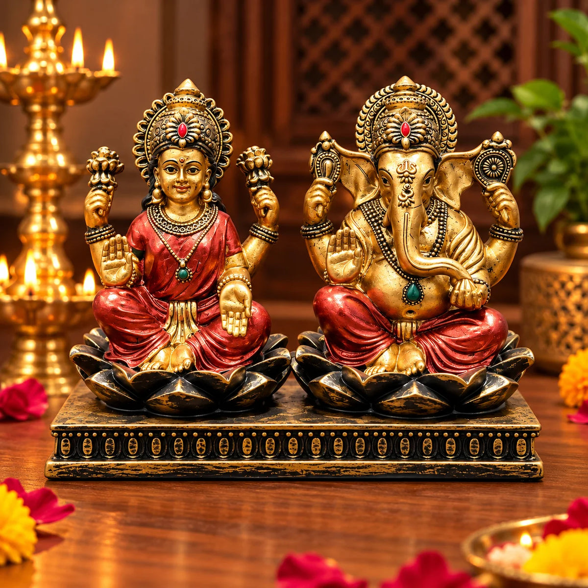 Antique Golden Lakshmi Ganesha Idol Set with Decorative Black Base