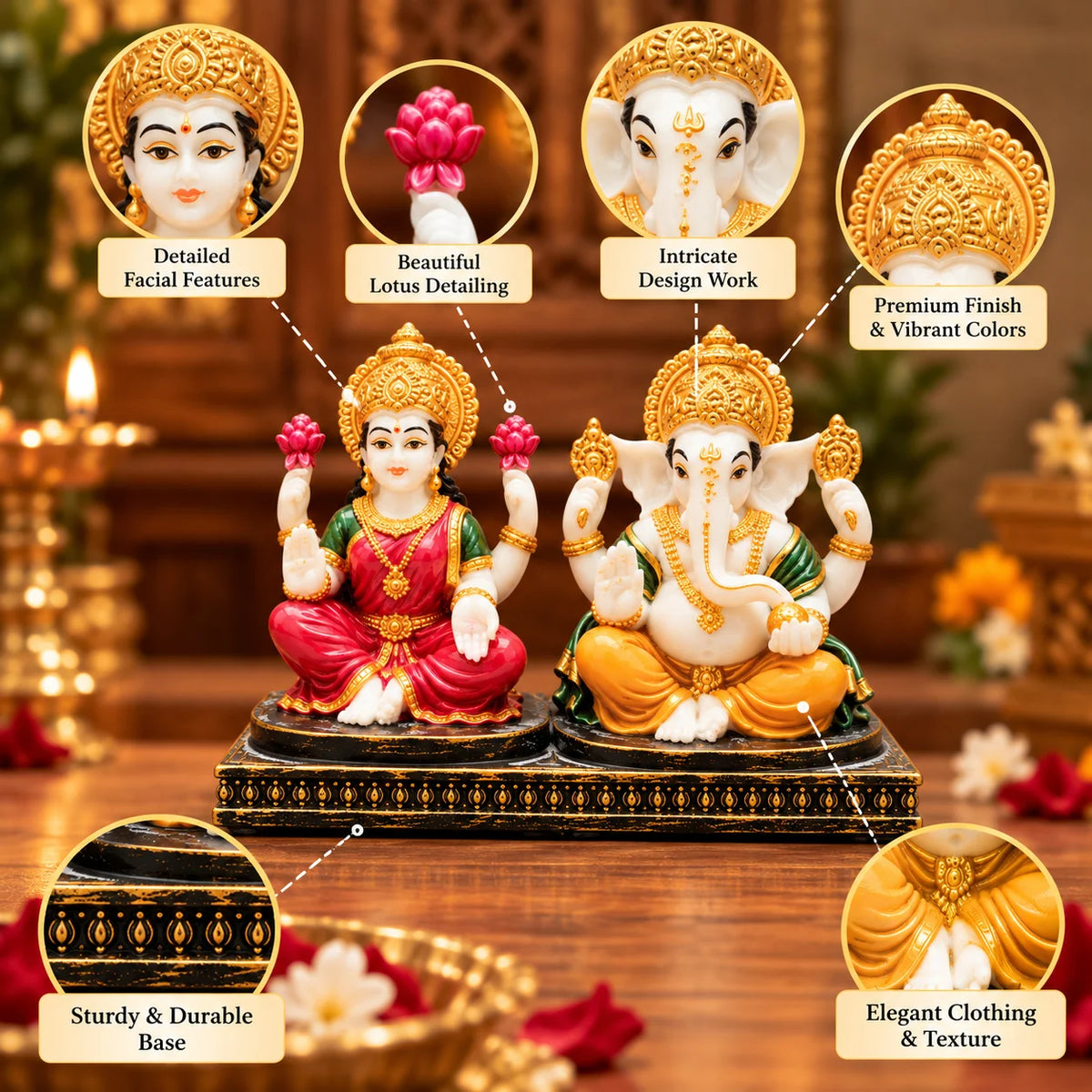 Lakshmi Ganesha Statue with Lotus | Goddess Lakshmi & Lord Ganesha Idol