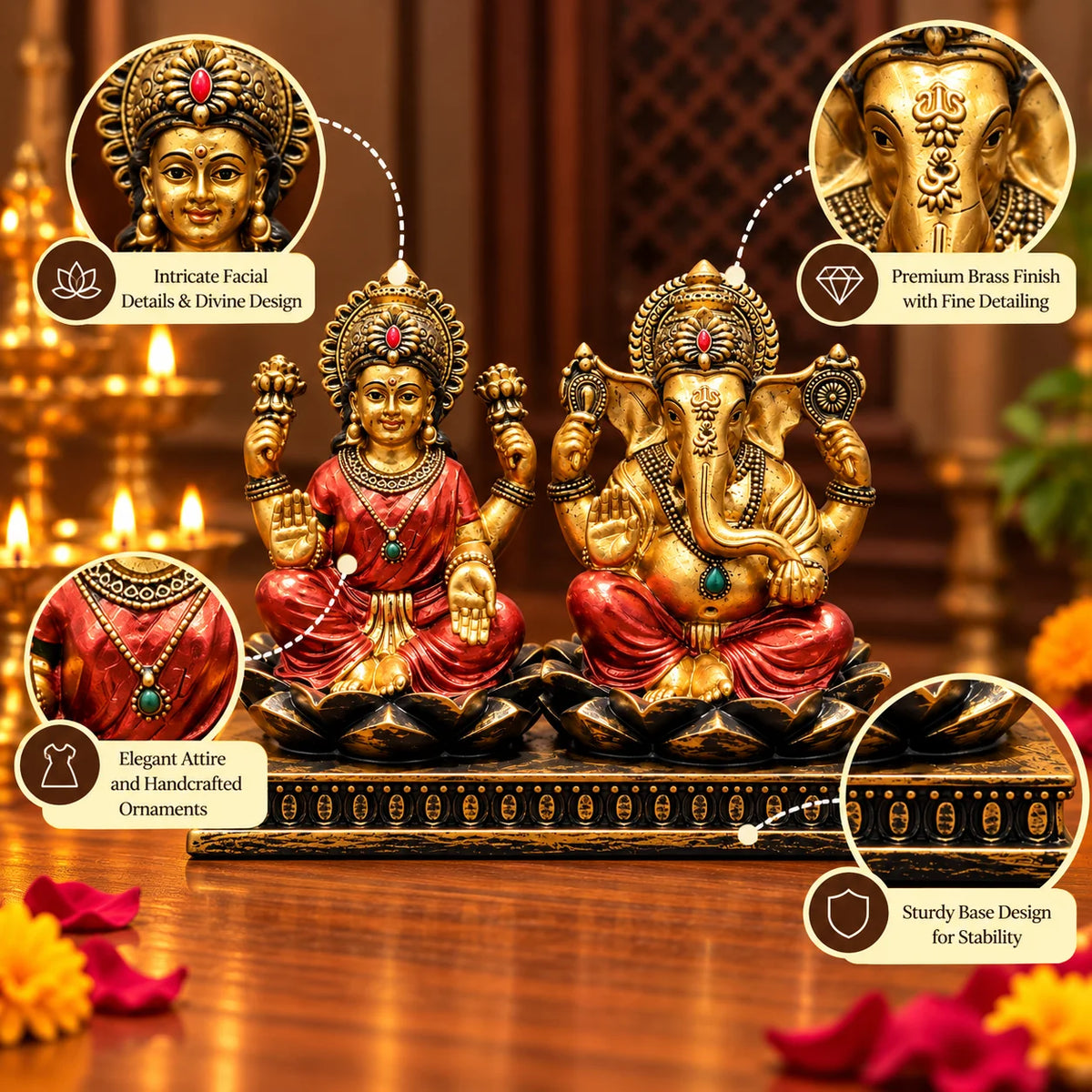 Antique Golden Lakshmi Ganesha Idol Set with Decorative Black Base