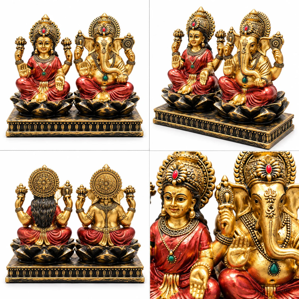 Antique Golden Lakshmi Ganesha Idol Set with Decorative Black Base