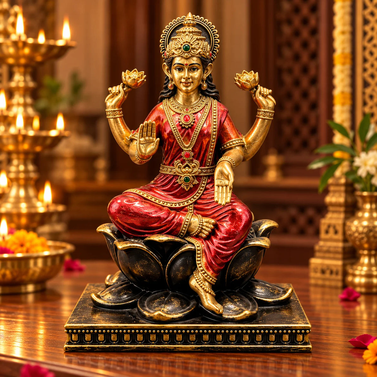 Antique Golden Goddess Lakshmi Statue with Red Saree and Black Lotus Base