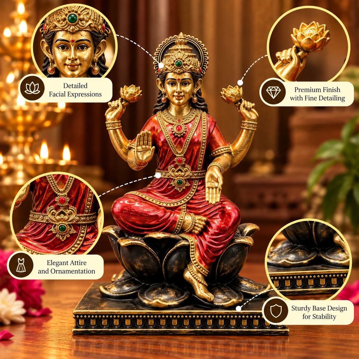 Antique Golden Goddess Lakshmi Statue with Red Saree and Decorative Black Base
