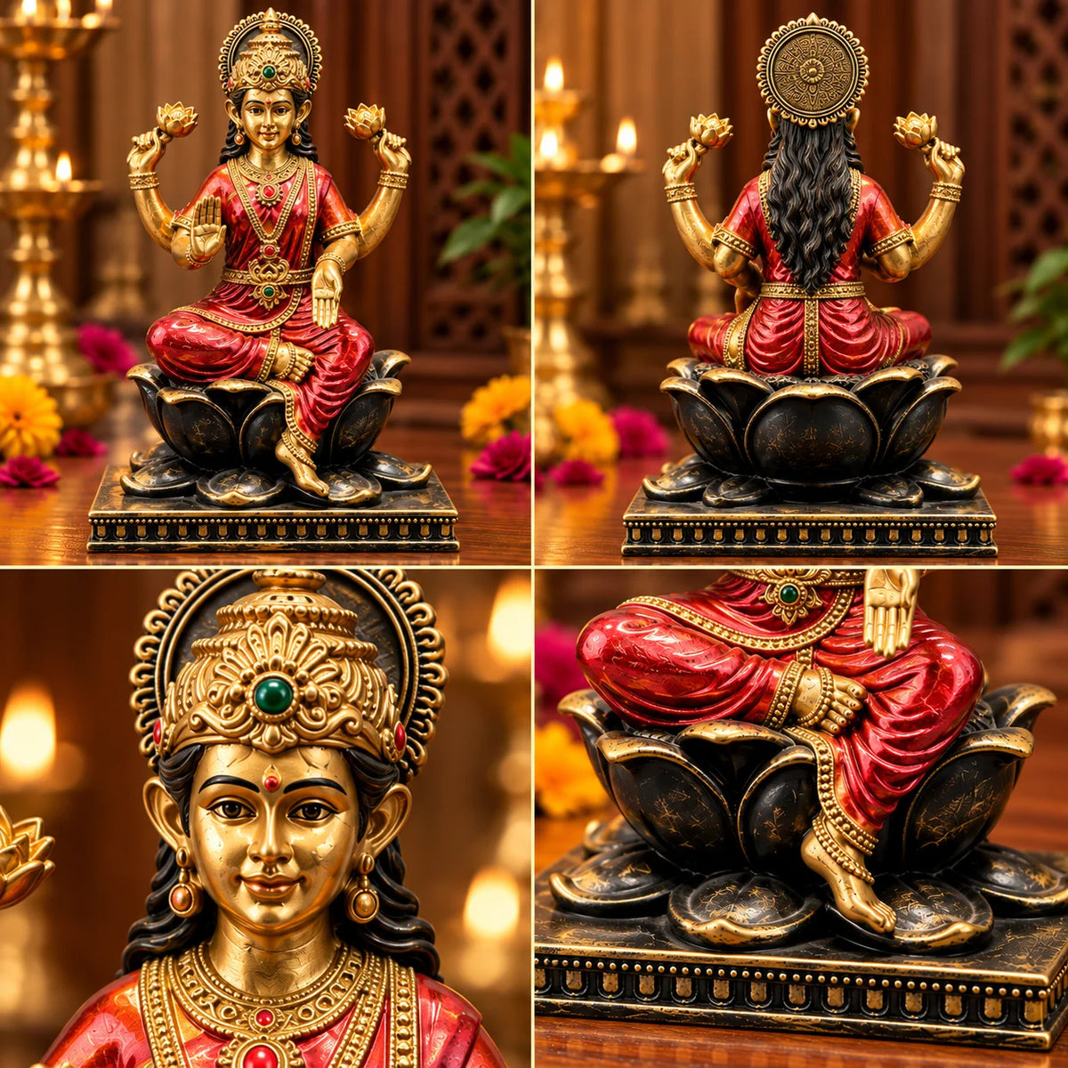 Antique Golden Goddess Lakshmi Statue with Red Saree and Decorative Black Base
