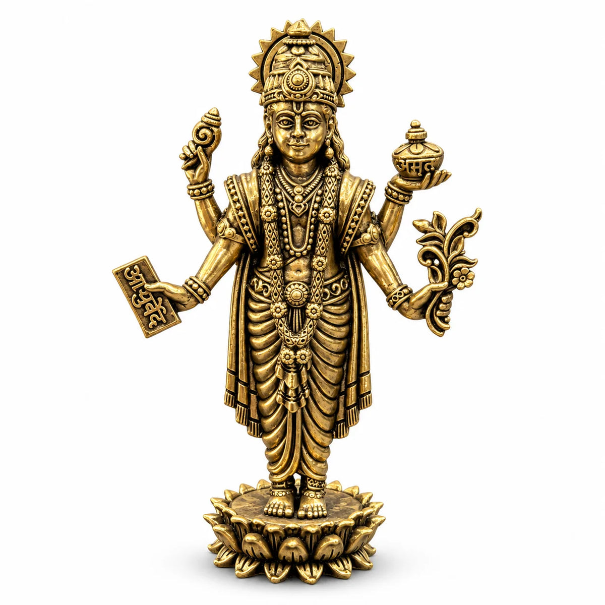 Antique Gold Lord Dhanvantari Idol Statue with Lotus Base