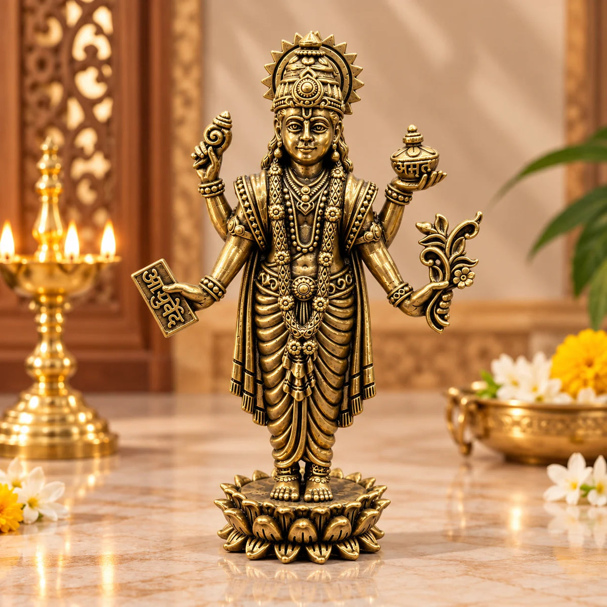 Antique Gold Lord Dhanvantari Idol Statue with Lotus Base