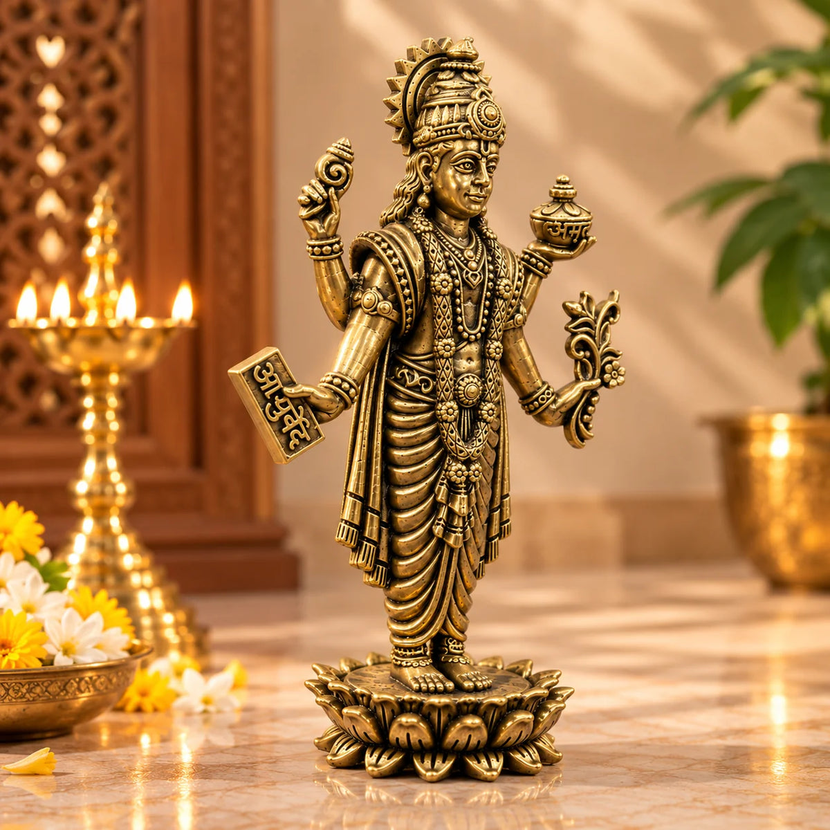 Antique Gold Lord Dhanvantari Idol Statue with Lotus Base