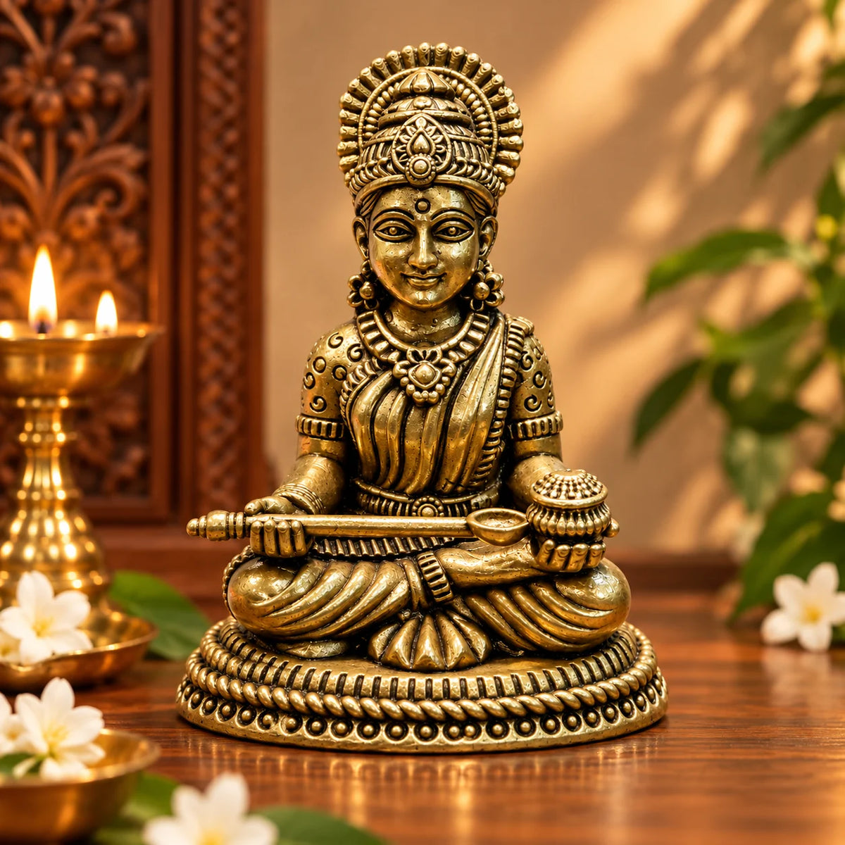 Brass Goddess Saraswati Idol with Veena - Antique Gold Finish Decorative Statue
