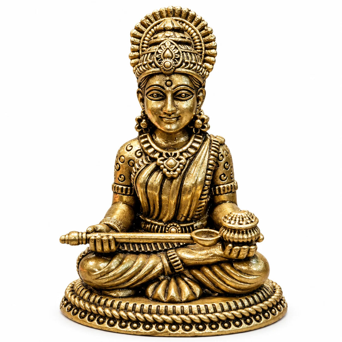 Brass Goddess Saraswati Idol with Veena - Antique Gold Finish Hindu Goddess Statue for Home Temple