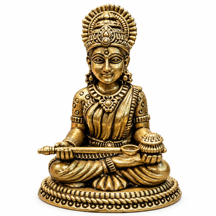 Brass Goddess Saraswati Idol with Veena - Antique Gold Finish Hindu Goddess Statue for Home Temple