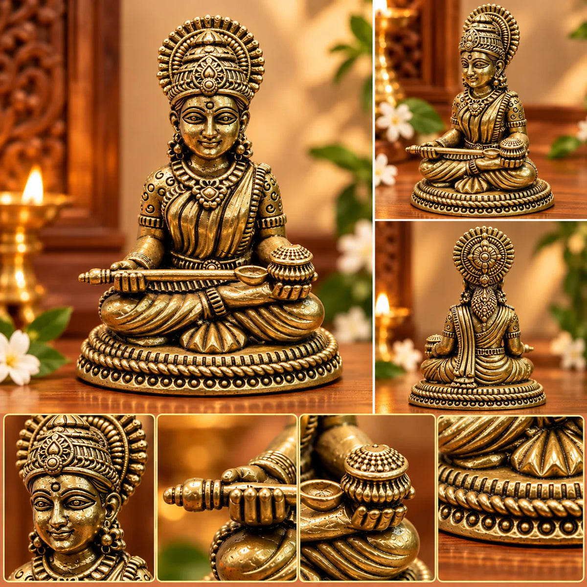 Brass Goddess Saraswati Idol with Veena - Antique Gold Finish Hindu Goddess Statue for Home Temple