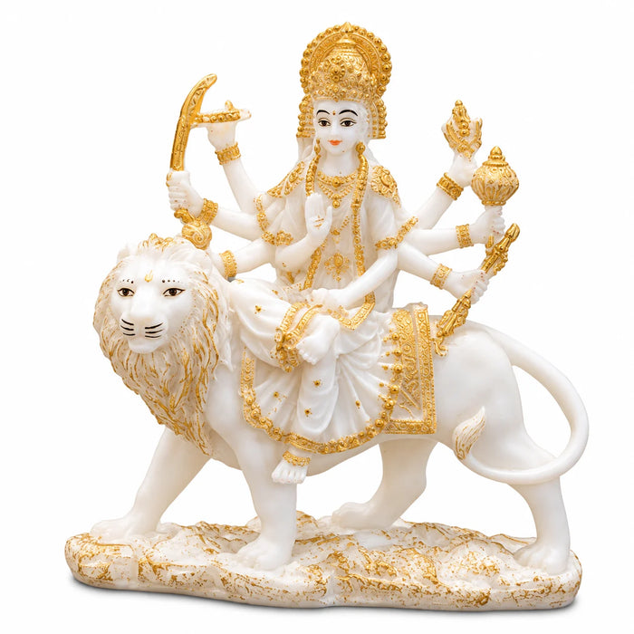 White & Gold Maa Durga Idol on Lion – Decorative Hindu Goddess Idols