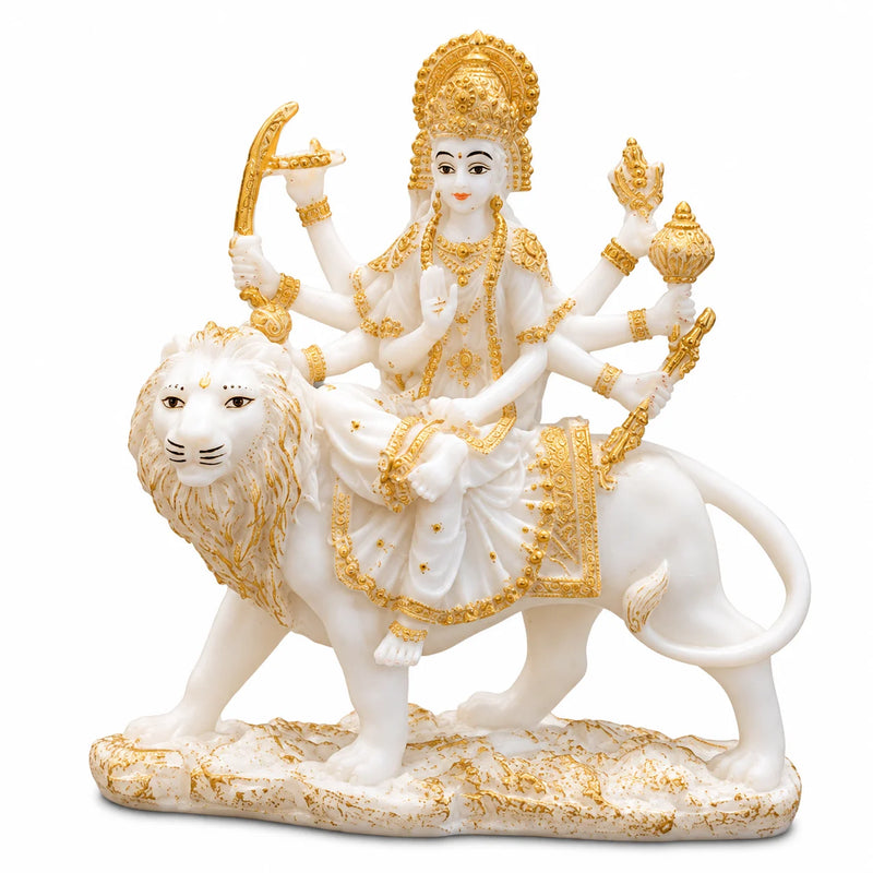 White & Gold Maa Durga Idol on Lion – Decorative Hindu Goddess Idols