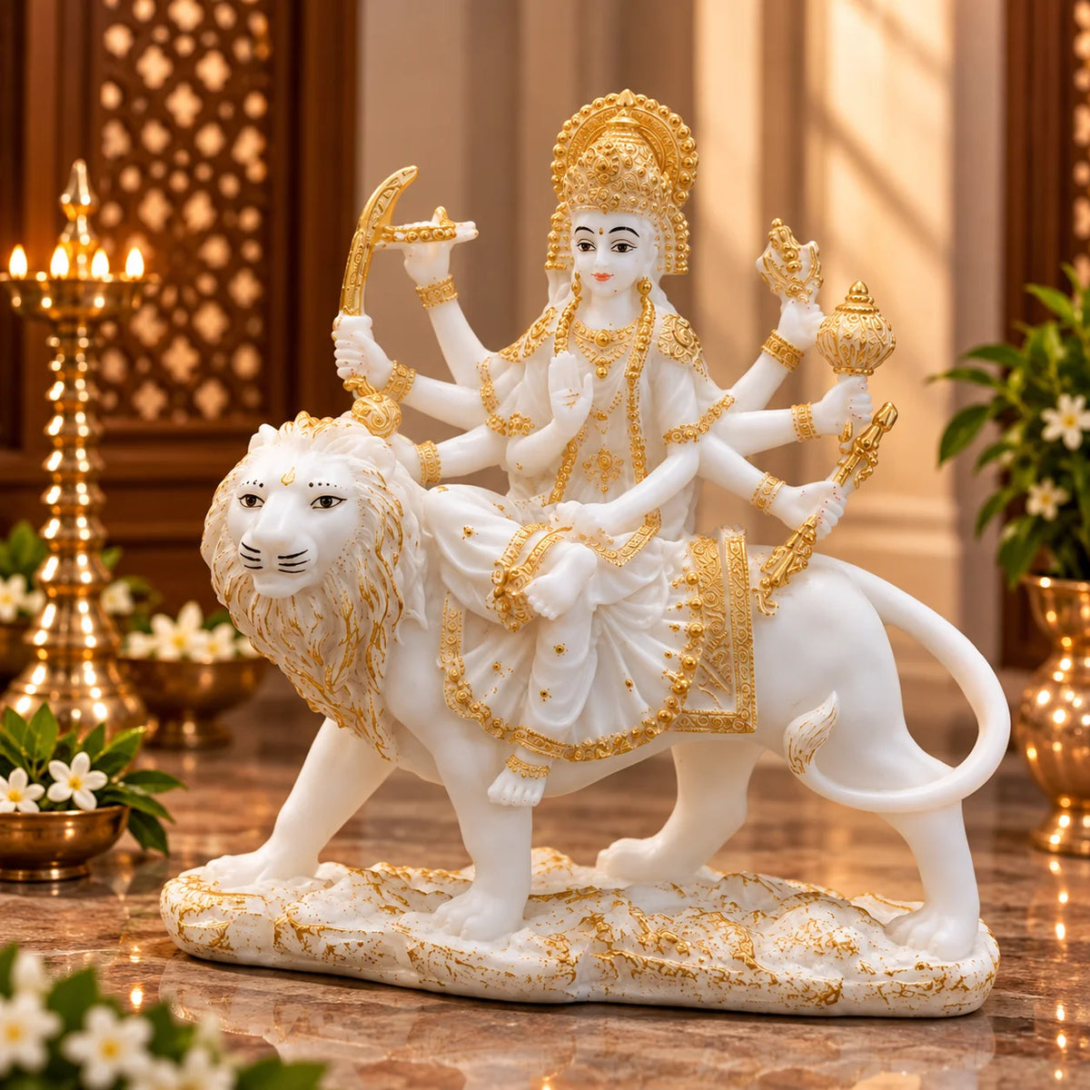 White & Gold Maa Durga Idol on Lion – Decorative Hindu Goddess Idols