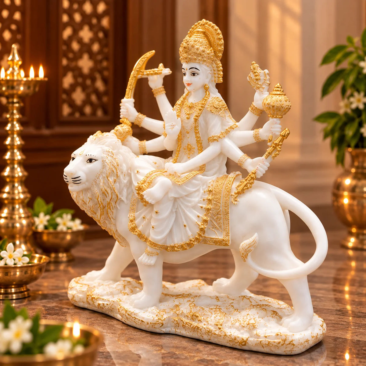 White & Gold Maa Durga Idol on Lion – Decorative Hindu Goddess Idols