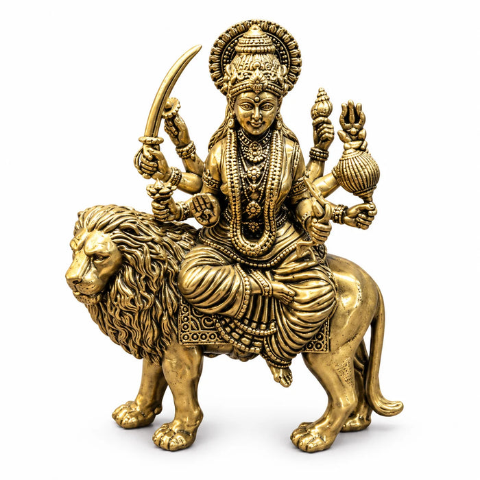 Antique Gold Maa Durga Idol Riding Lion – Traditional Religious Décor