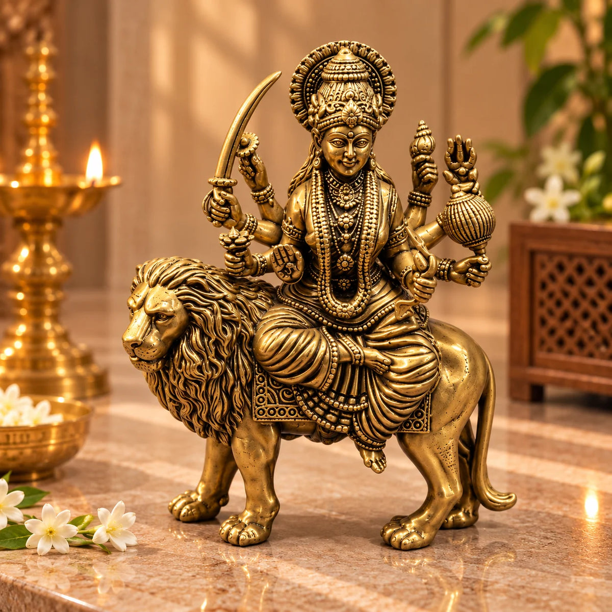 Antique Gold Maa Durga Idol Statue Riding Lion – Traditional Religious Décor