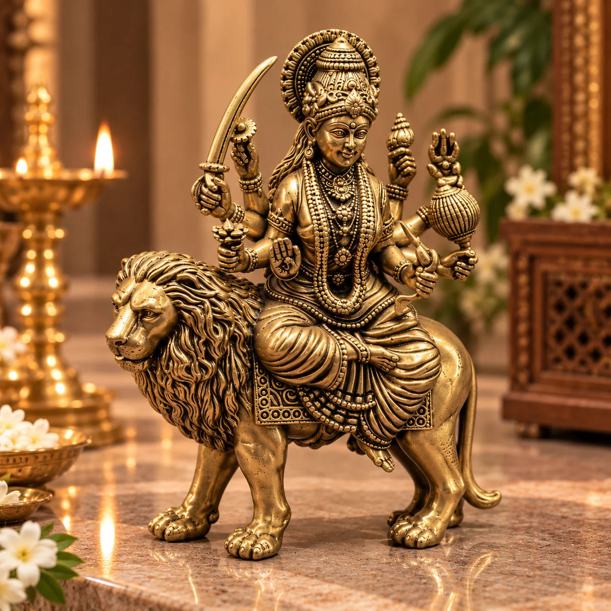 Antique Gold Maa Durga Idol Statue Riding Lion – Traditional Religious Décor