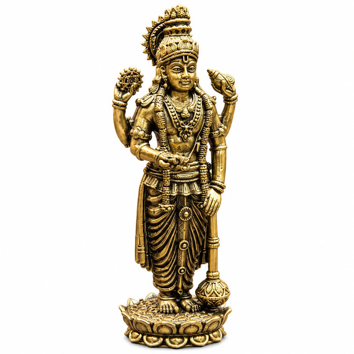 Antique Golden Brass Lord Vishnu Standing Idol with Shankha, Chakra & Gada