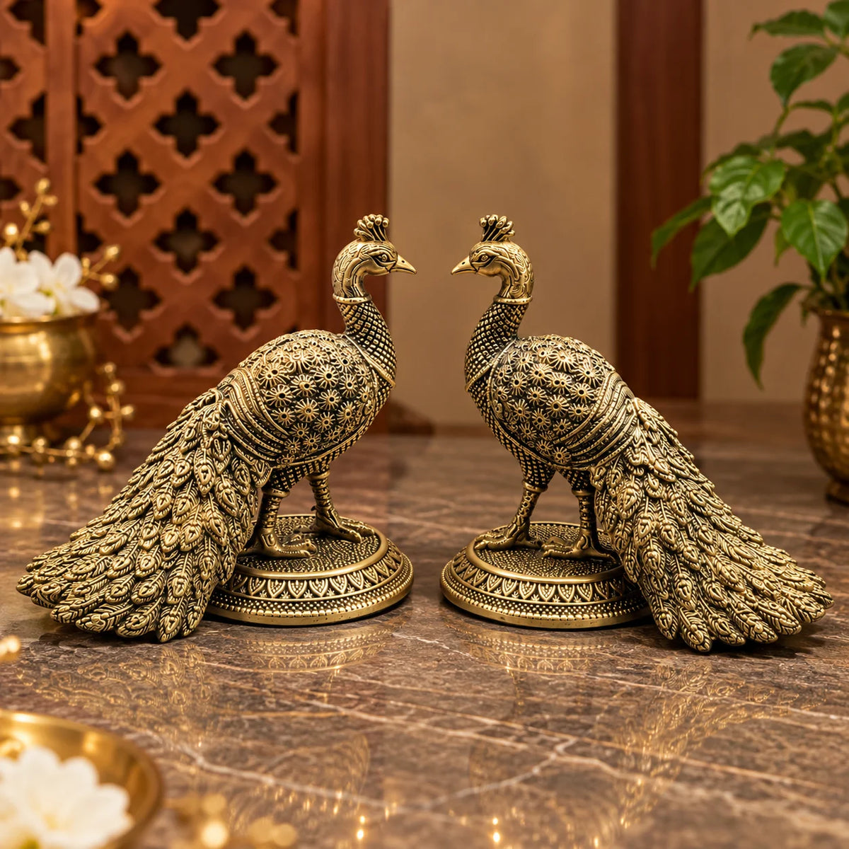 Antique Gold Decorative Peacock Pair – Intricate Traditional Home Décor