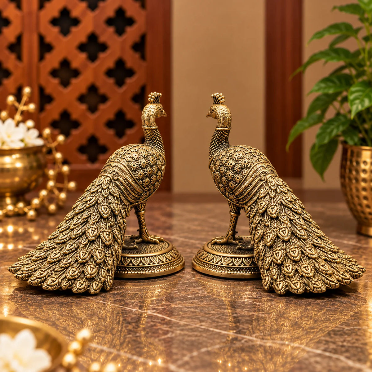 Antique Gold Decorative Peacock Pair – Intricate Traditional Home Décor