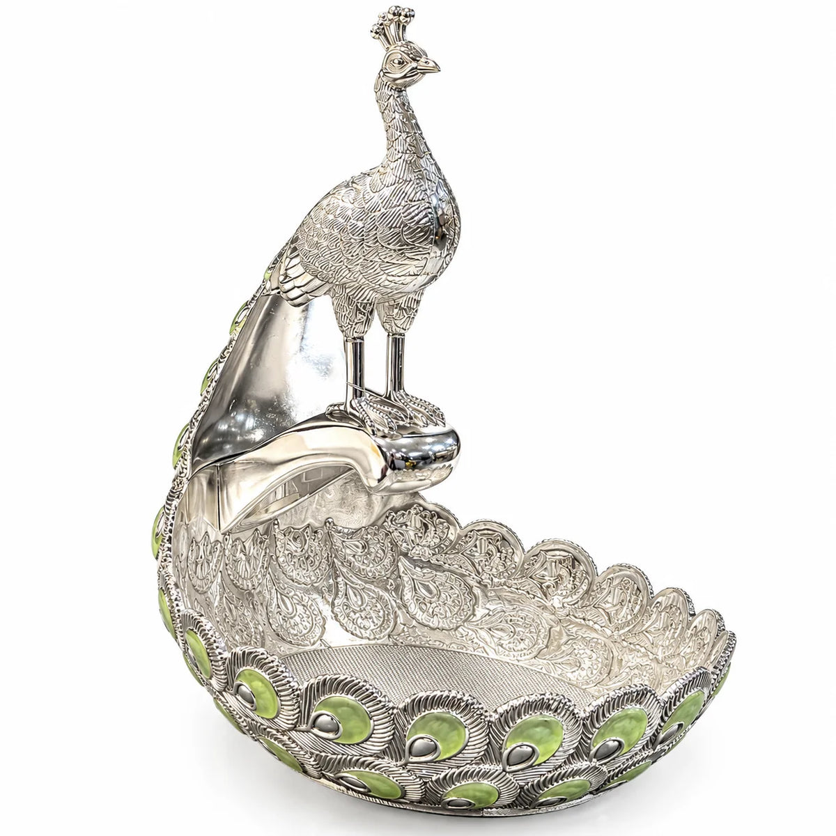 Green Peacock Decorative Bowl with Silver Finish
