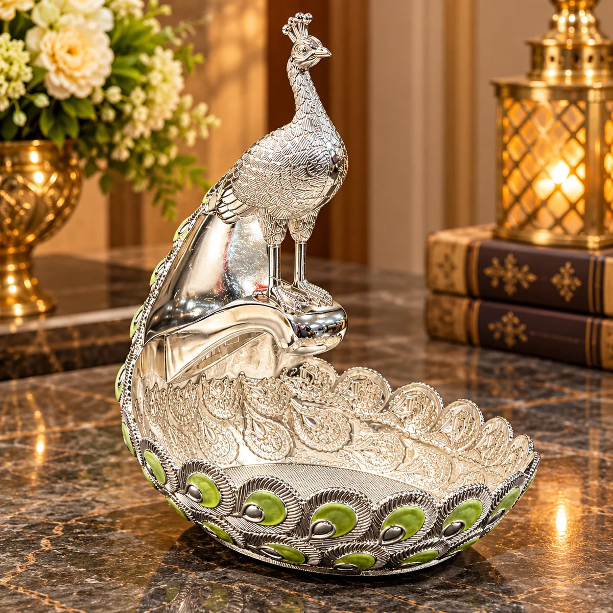 Green Peacock Decorative Bowl with Silver Finish