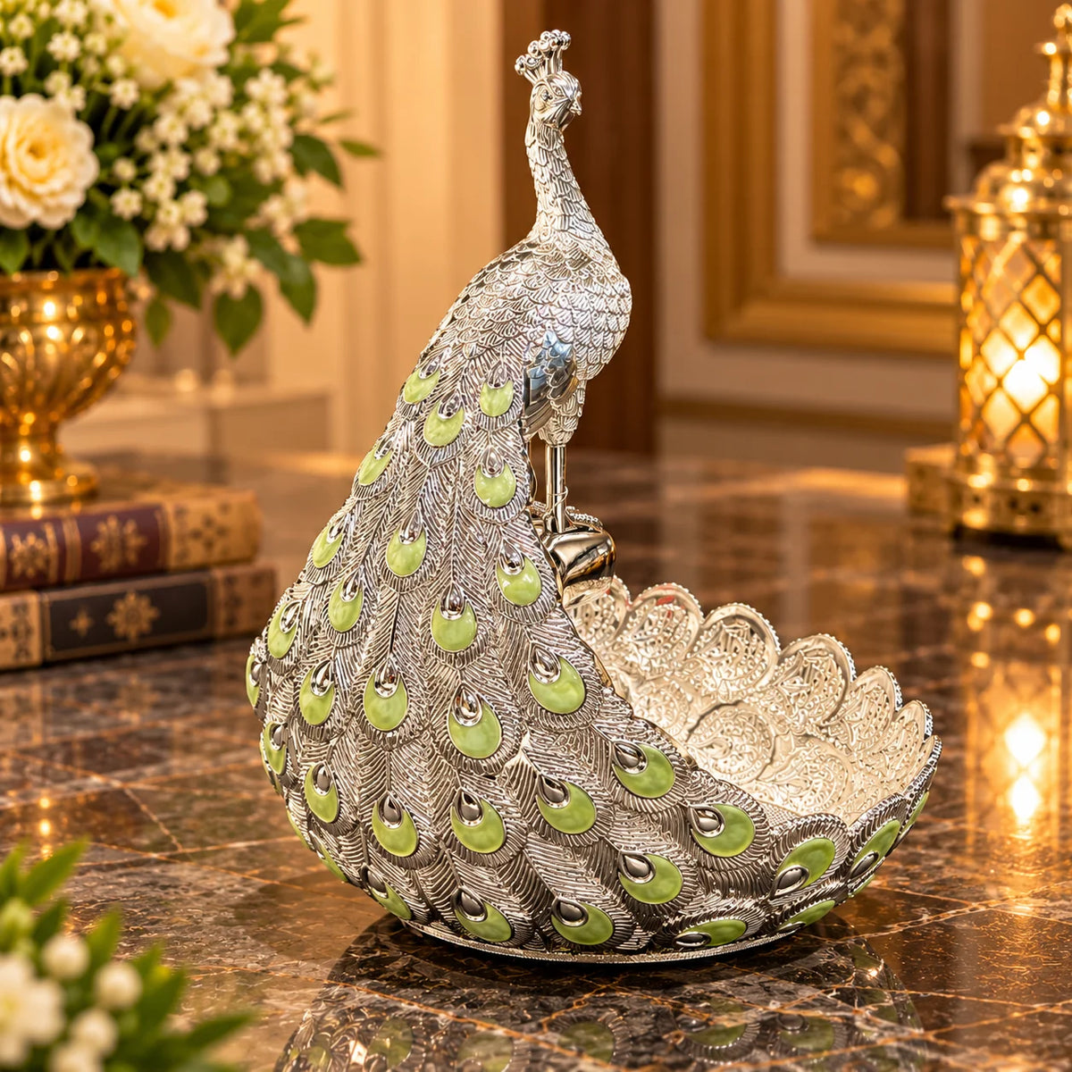 Green Peacock Decorative Bowl with Silver Finish