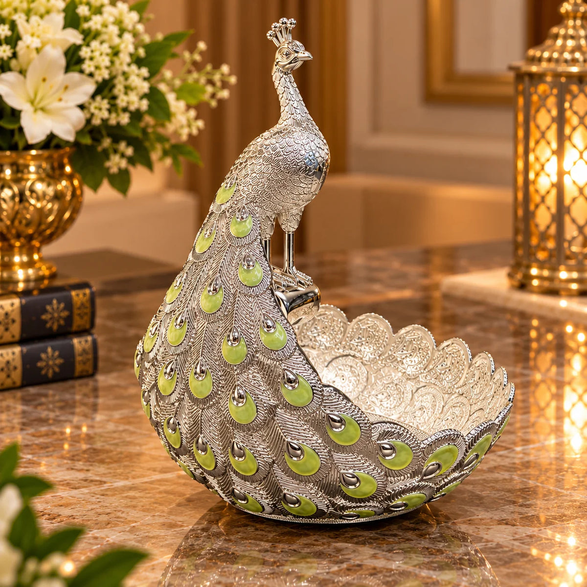 Green Peacock Decorative Bowl with Silver Finish
