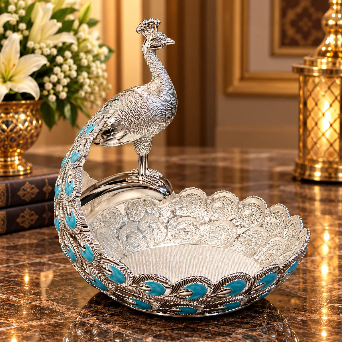 Blue Peacock Decorative Bowl with Silver Finish