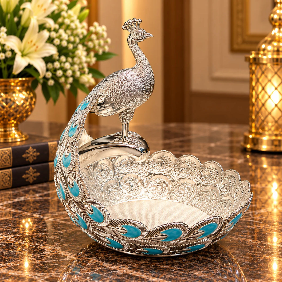 Blue Peacock Decorative Bowl with Silver Finish