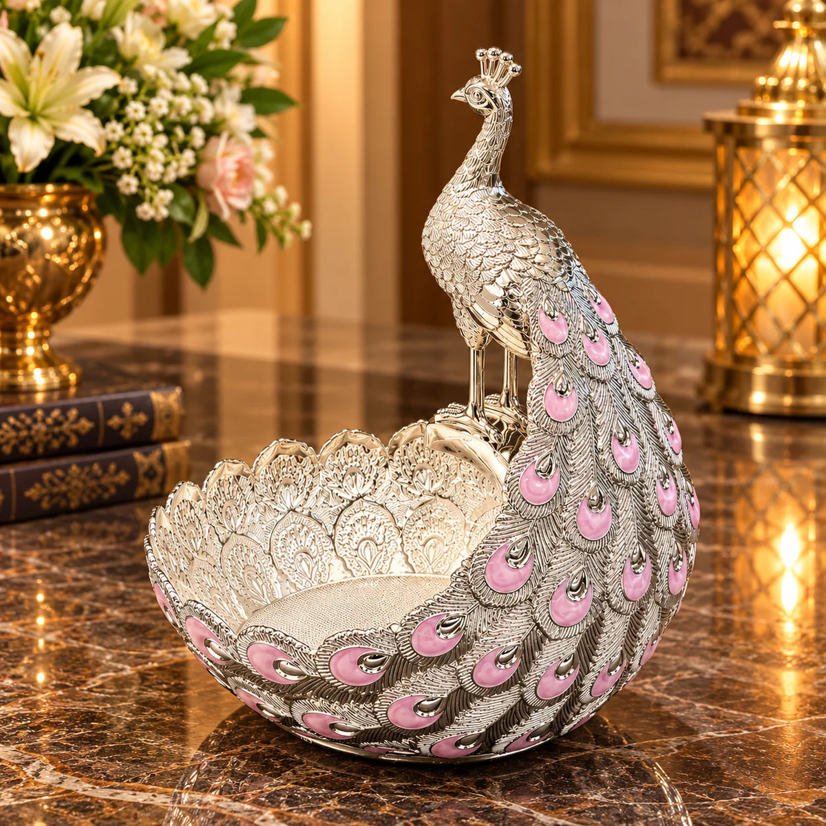 Pink Peacock Decorative Bowl with Silver Finish