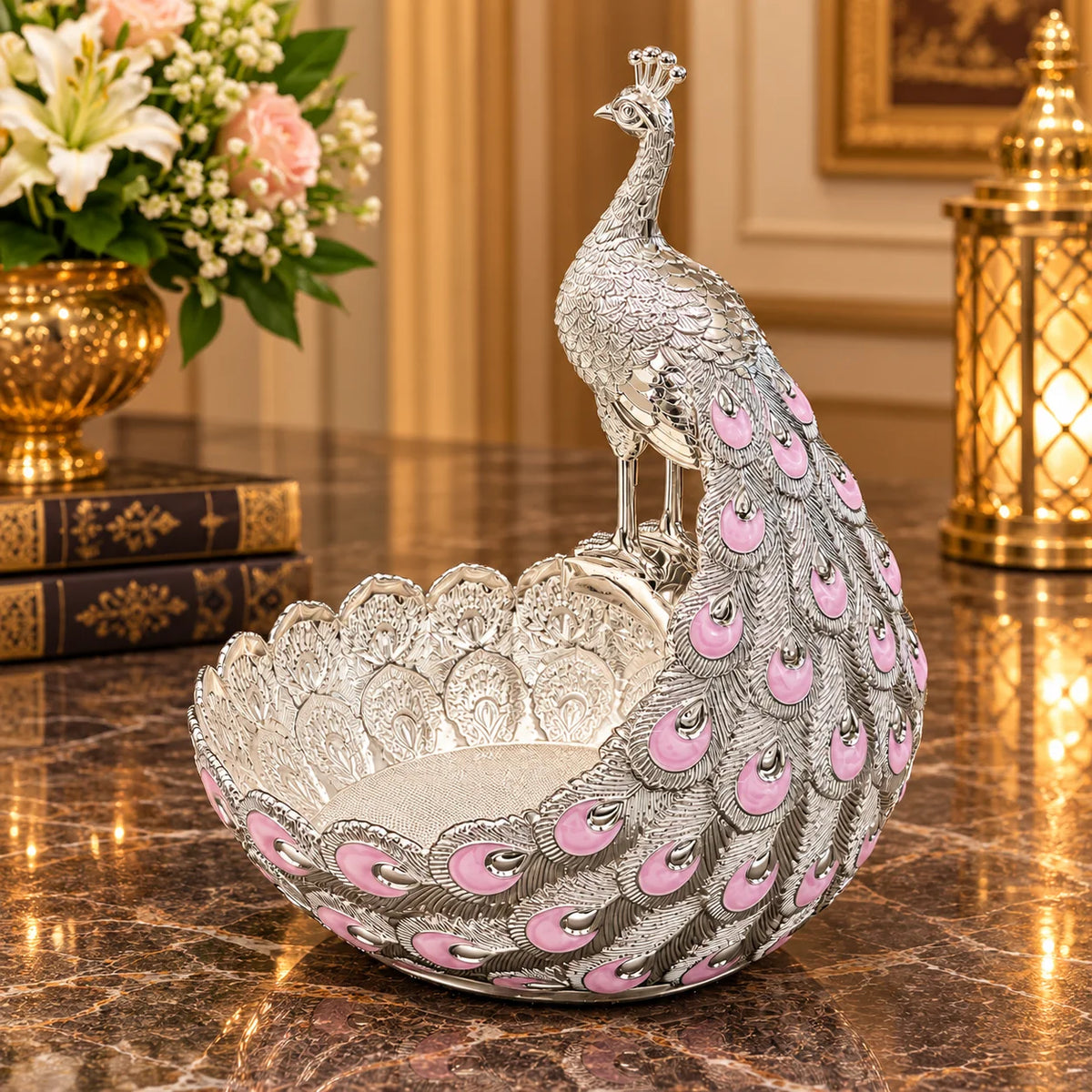 Pink Peacock Decorative Bowl with Silver Finish
