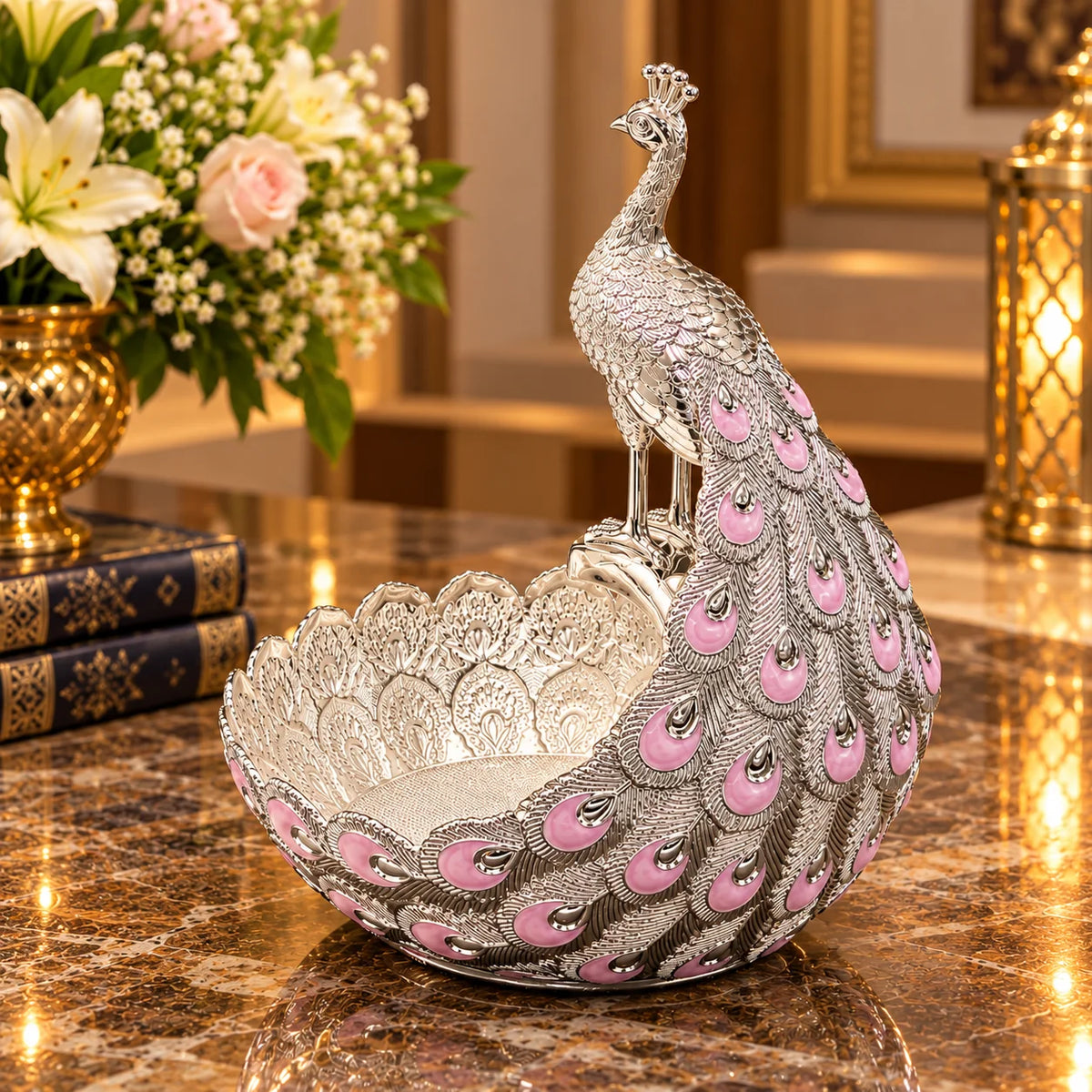 Pink Peacock Decorative Bowl with Silver Finish