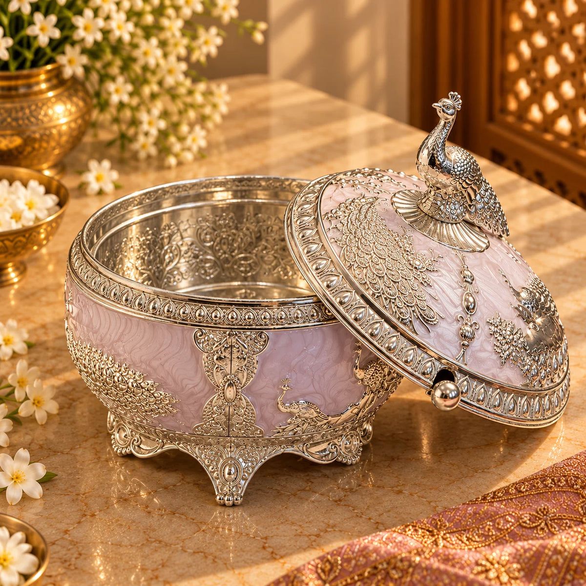 Pink Royal Peacock Decorative Bowl with Lid