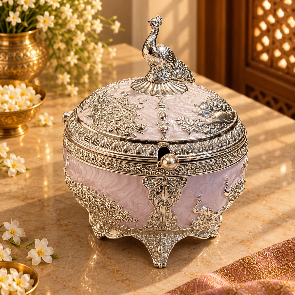 Pink Royal Peacock Decorative Bowl with Lid