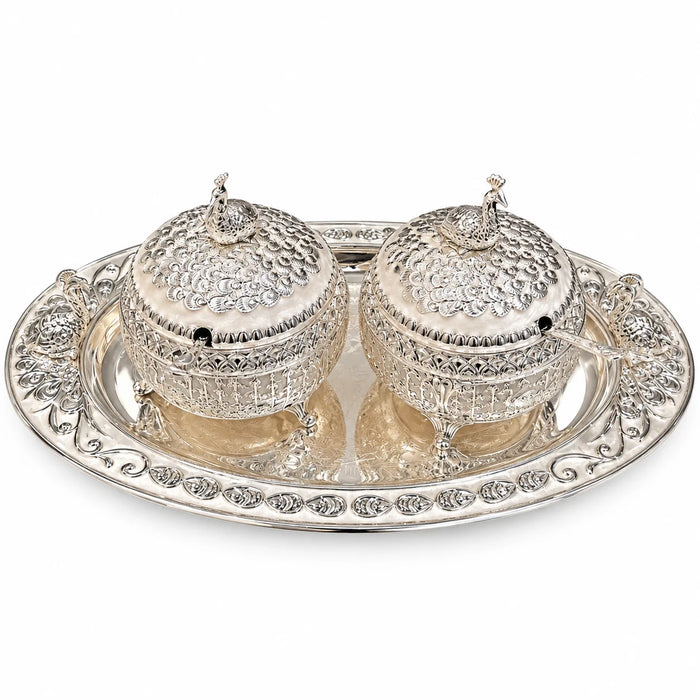 Silver Embossed Decorative Twin Bowl Set with Ornate Tray