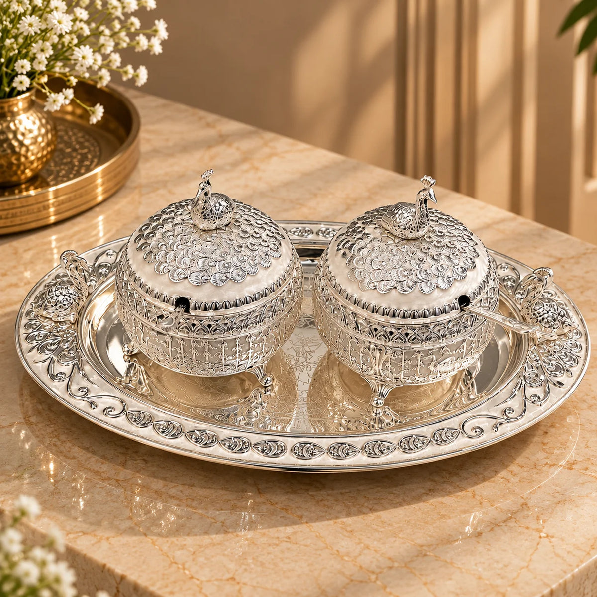 Silver Embossed Decorative Twin Bowl Set with Ornate Tray