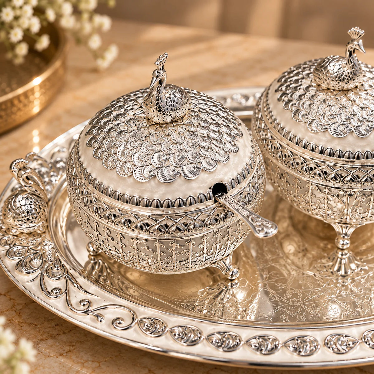 Silver Embossed Decorative Twin Bowl Set with Ornate Tray