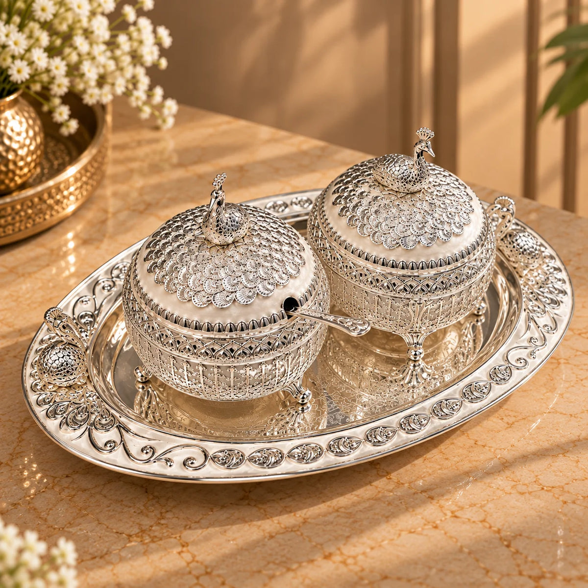 Silver Embossed Decorative Twin Bowl Set with Ornate Tray