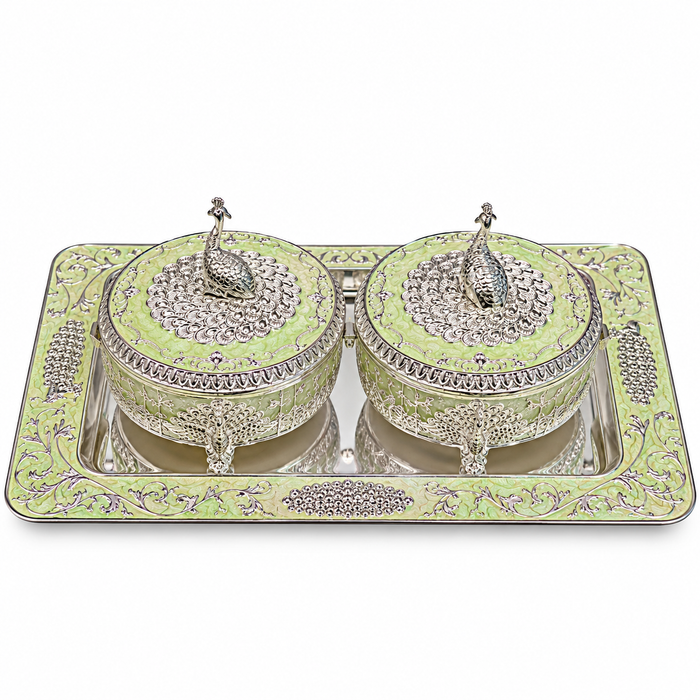 Light Green Decorative Box Set with Silver Floral Embossed Tray