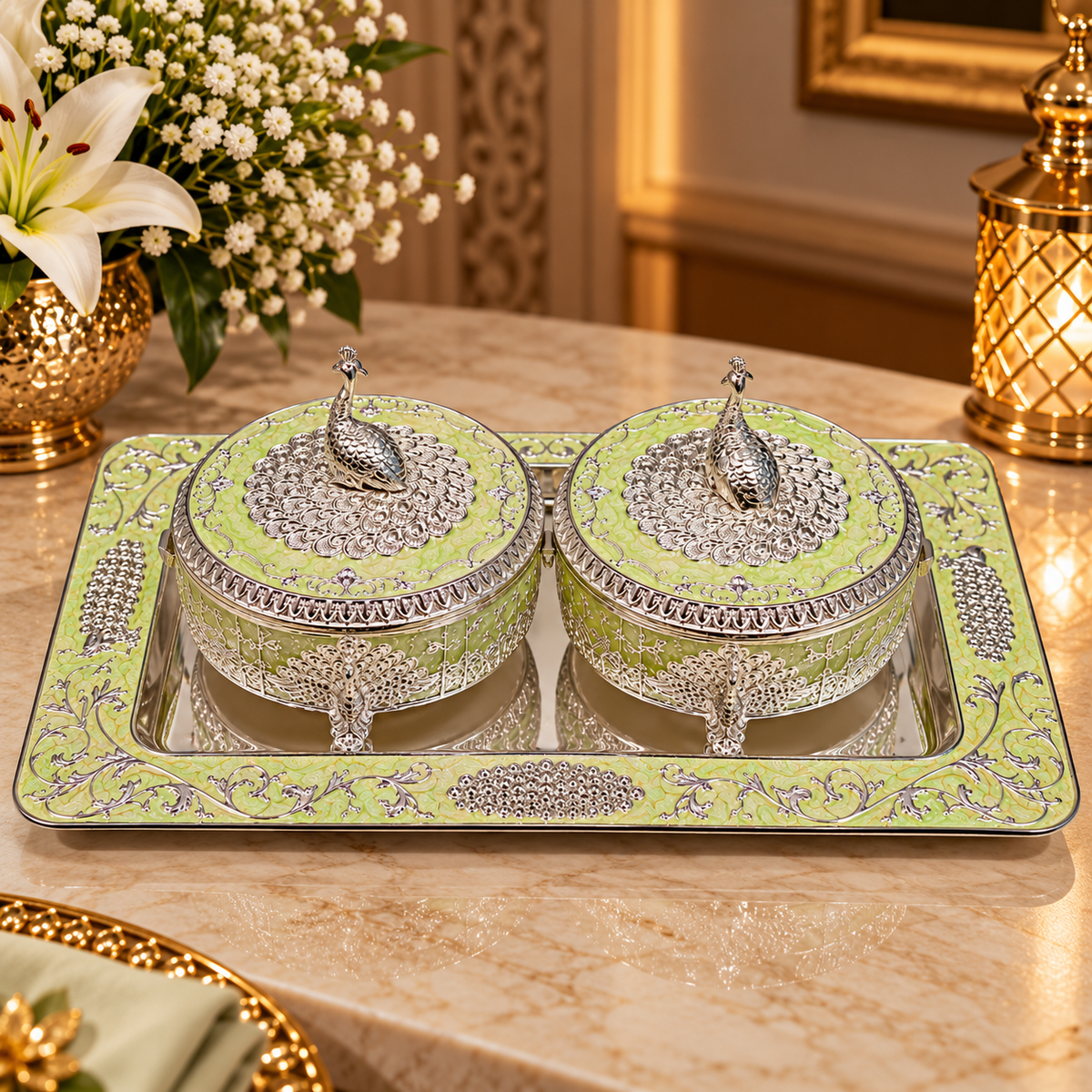 Light Green Decorative Box Set with Silver Floral Embossed Tray