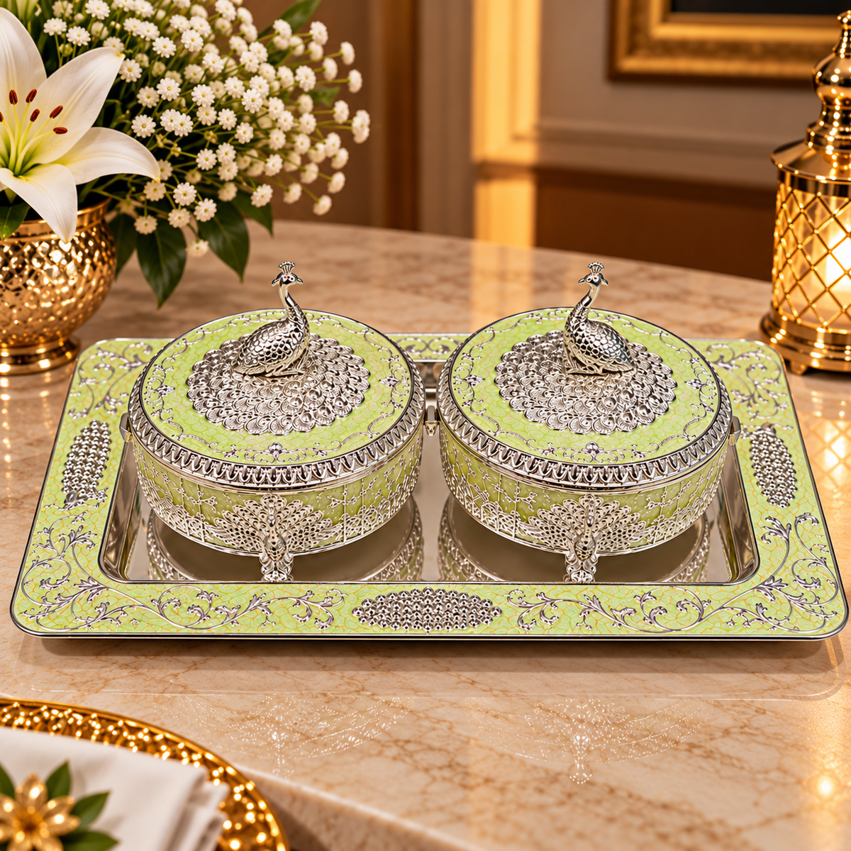 Light Green Decorative Box Set with Silver Floral Embossed Tray
