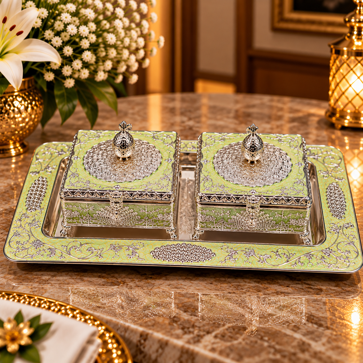 Light Green Decorative Box Set with Silver Floral Embossed Tray