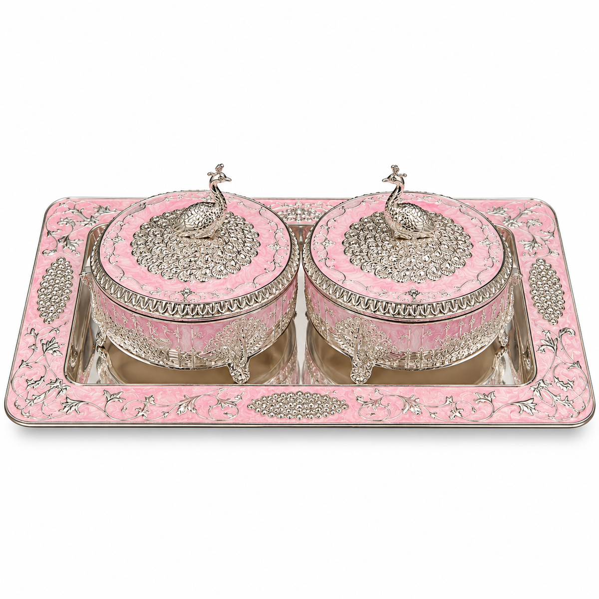 Pink Decorative Box Set with Silver Peacock Embossed Tray