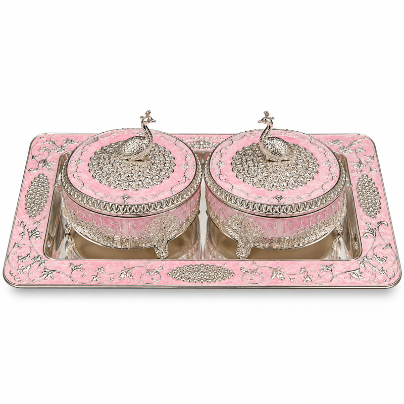 Pink Decorative Box Set with Silver Peacock Embossed Tray