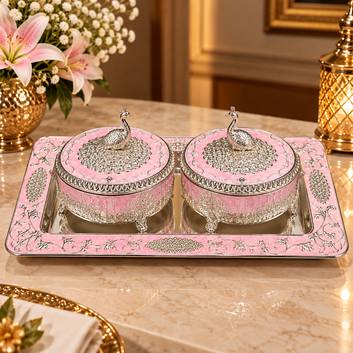 Pink Decorative Box Set with Silver Peacock Embossed Tray