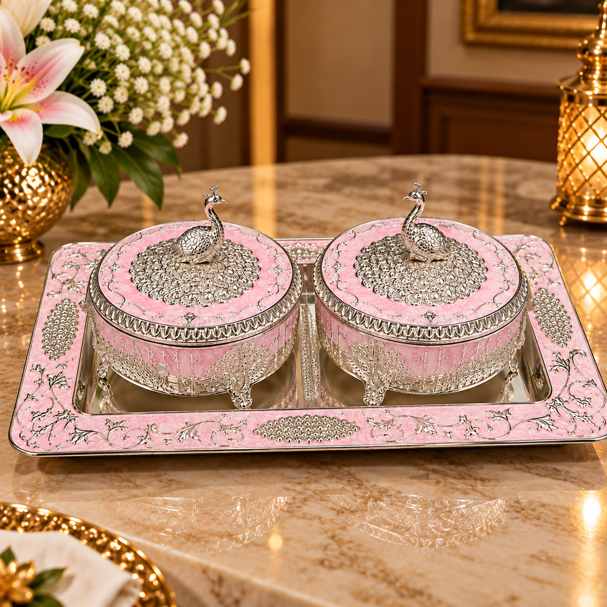 Pink Decorative Box Set with Silver Peacock Embossed Tray