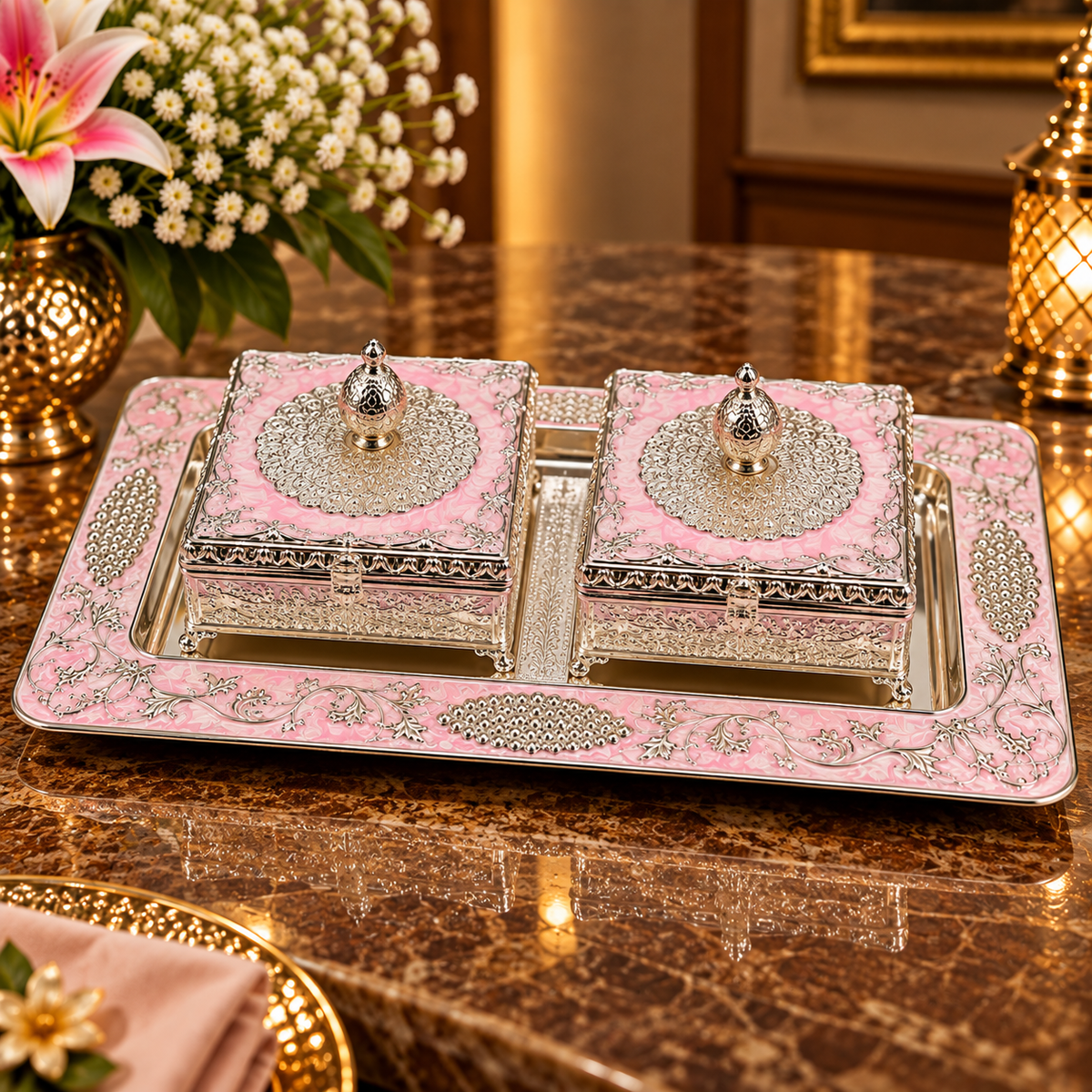 Pink Decorative Box Set with Silver Peacock Embossed Tray