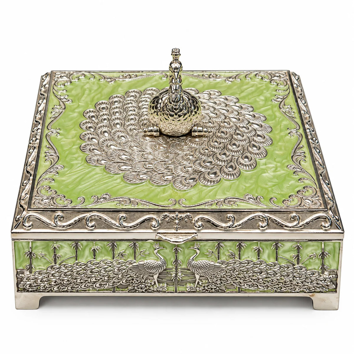 Peacock Design Green German Silver Storage Box | Decorative Keepsake & Jewellery Box